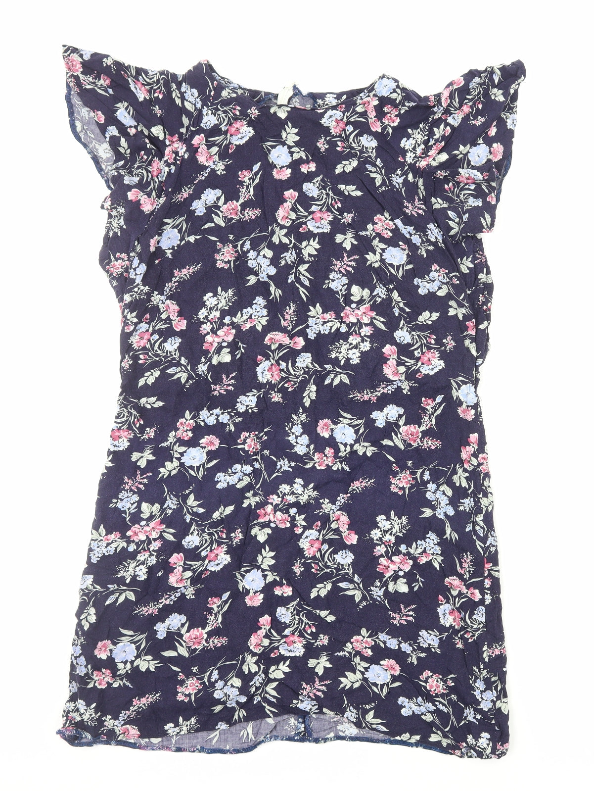 Preworn Womens Blue Floral Viscose A-Line Size M Round Neck Zip