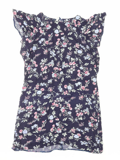 Preworn Womens Blue Floral Viscose A-Line Size M Round Neck Zip