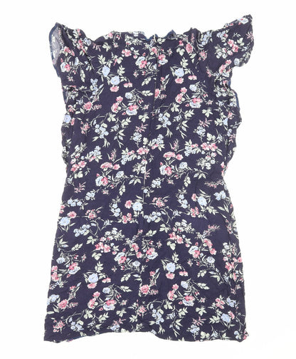 Preworn Womens Blue Floral Viscose A-Line Size M Round Neck Zip