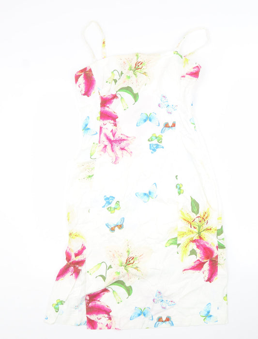 James Lakeland Womens White Floral 100% Cotton Slip Dress Size 12 Square Neck Zip