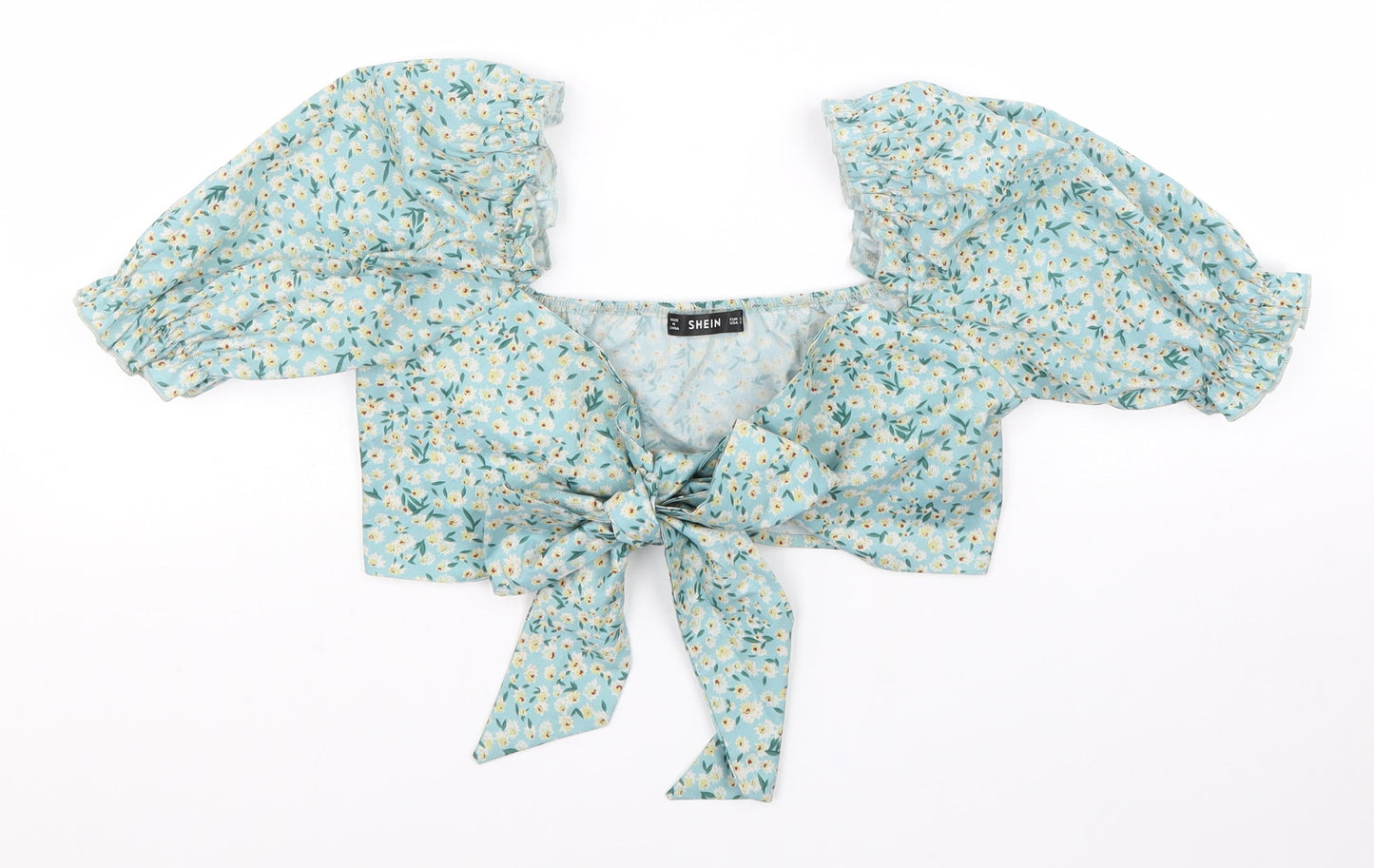SheIn Womens Blue Floral Polyester Cropped Blouse Size S Sweetheart - Puff Sleeve Tie Front