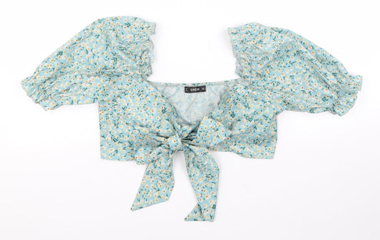 SheIn Womens Blue Floral Polyester Cropped Blouse Size S Sweetheart - Puff Sleeve Tie Front