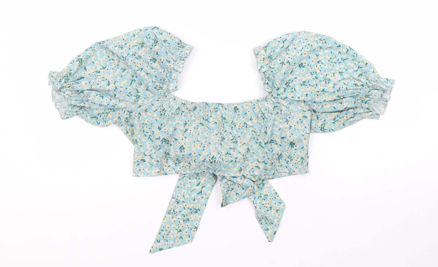 SheIn Womens Blue Floral Polyester Cropped Blouse Size S Sweetheart - Puff Sleeve Tie Front