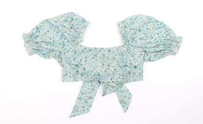 SheIn Womens Blue Floral Polyester Cropped Blouse Size S Sweetheart - Puff Sleeve Tie Front
