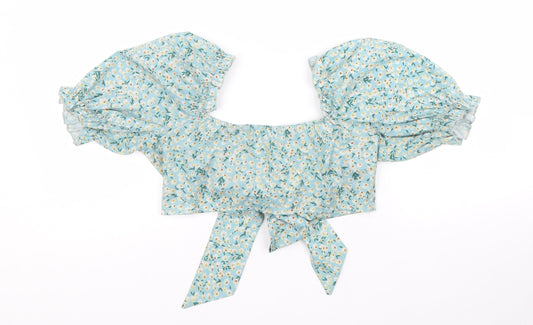 SheIn Womens Blue Floral Polyester Cropped Blouse Size S Sweetheart - Puff Sleeve Tie Front
