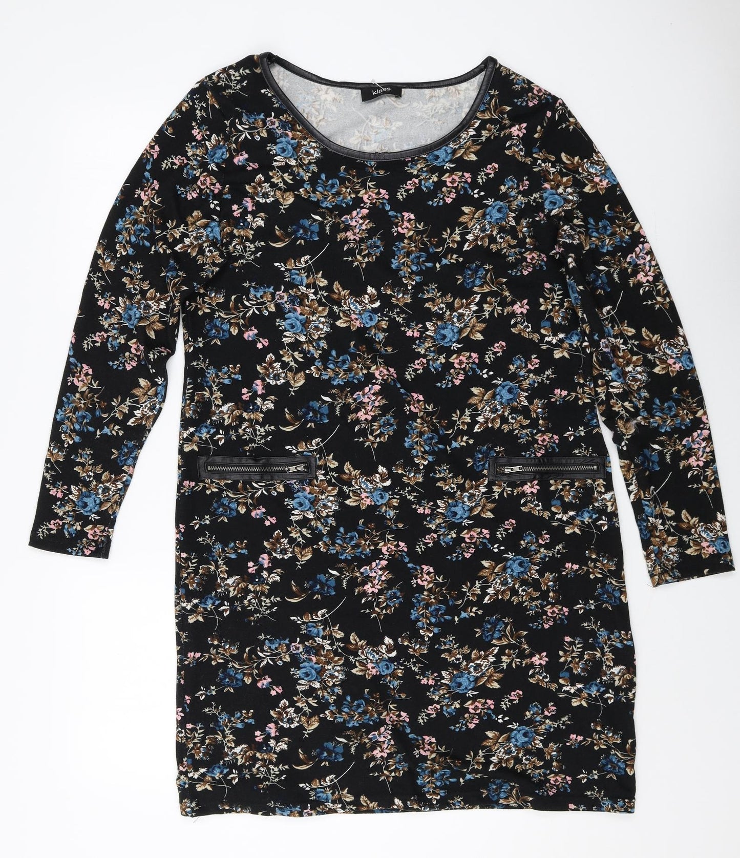 Klass Womens Black Floral Polyester Sheath Size L Boat Neck Pullover