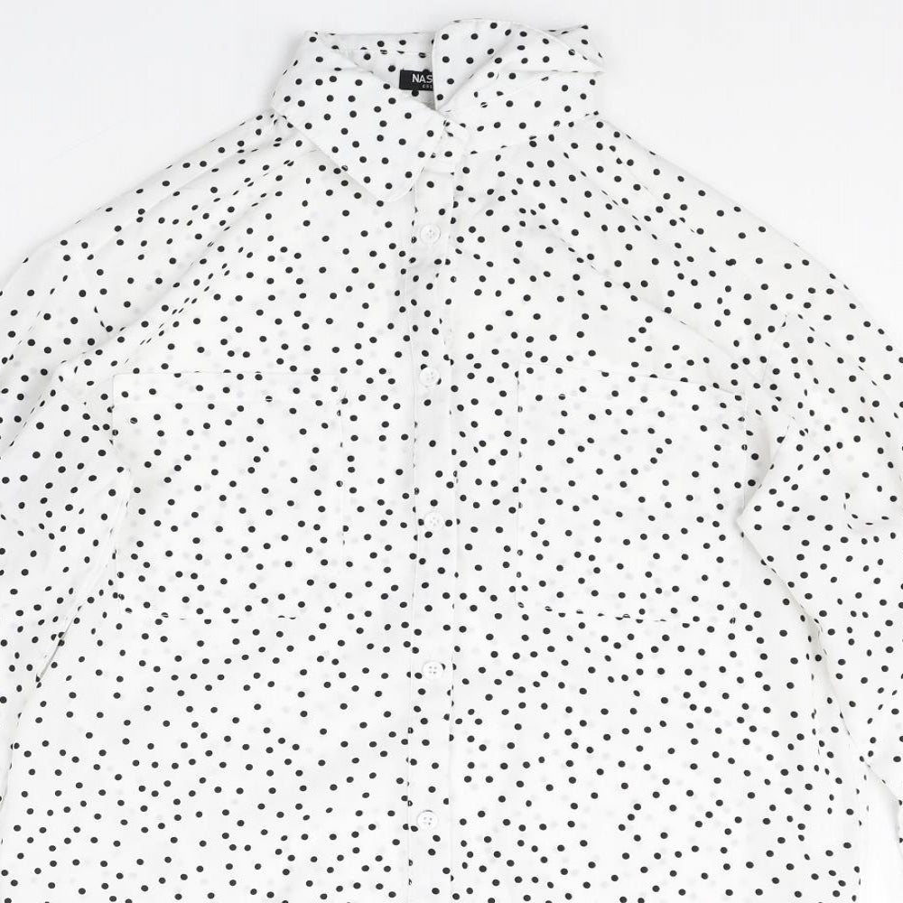Nasty Gal Womens White Polka Dot Polyester Basic Button-Up Size S Collared