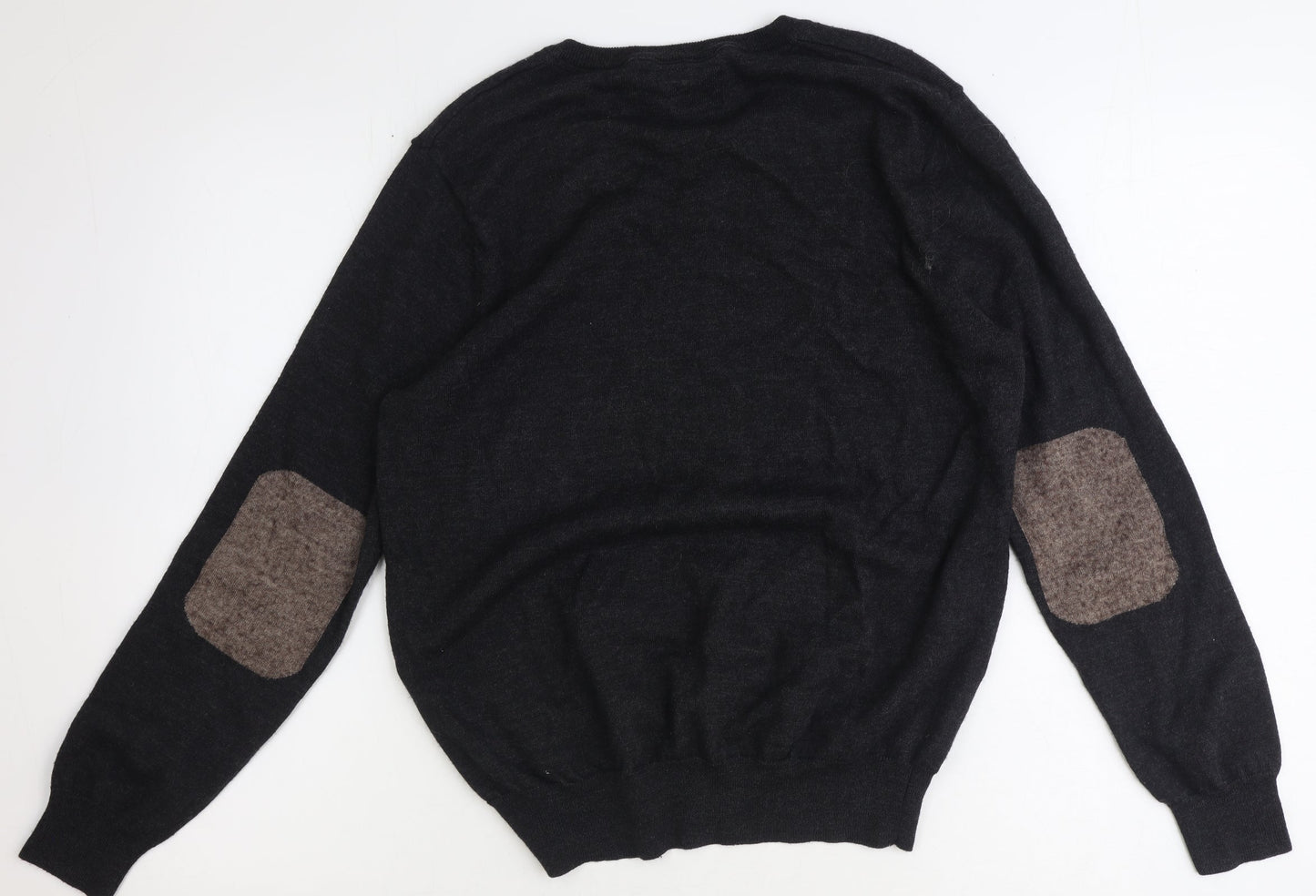 River Island Mens Black Round Neck Acrylic Pullover Jumper Size L Long Sleeve - Elbow Patches
