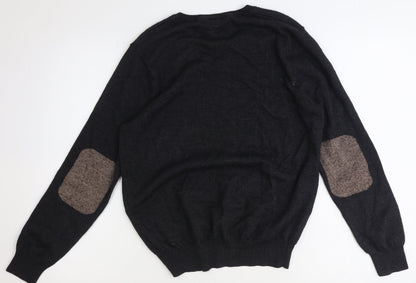 River Island Mens Black Round Neck Acrylic Pullover Jumper Size L Long Sleeve - Elbow Patches