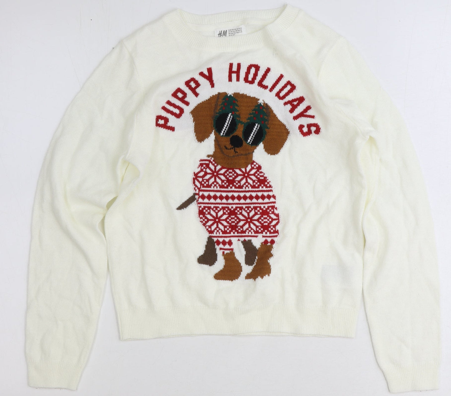 H&M Girls Ivory Round Neck Acrylic Pullover Jumper Size 10-11 Years Pullover - Puppy Holidays