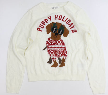 H&M Girls Ivory Round Neck Acrylic Pullover Jumper Size 10-11 Years Pullover - Puppy Holidays
