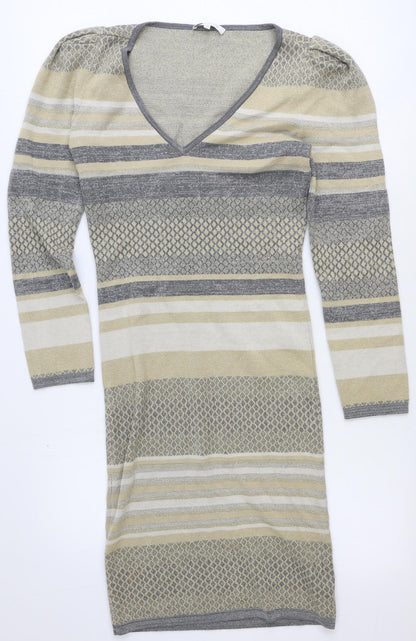Patrizia Pepe Womens Beige Striped Viscose Jumper Dress Size 6 V-Neck Pullover
