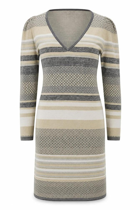 Patrizia Pepe Womens Beige Striped Viscose Jumper Dress Size 6 V-Neck Pullover