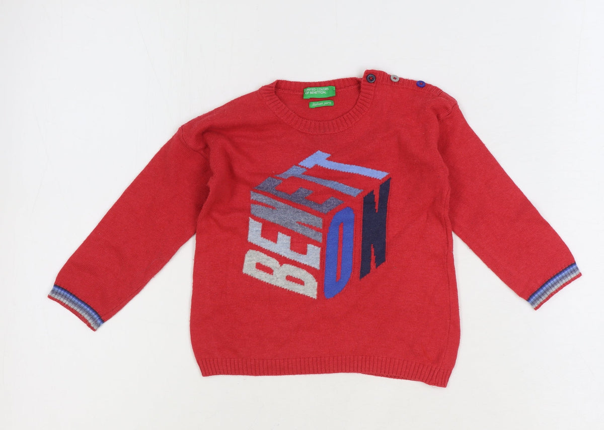 United Colors of Benetton Benneton Boys Red Cotton Pullover Jumper Size 12-18 Months Button