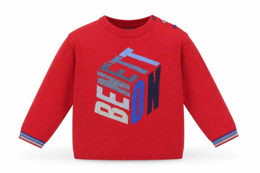 Benneton Boys Red Cotton Pullover Jumper Size 12-18 Months Button
