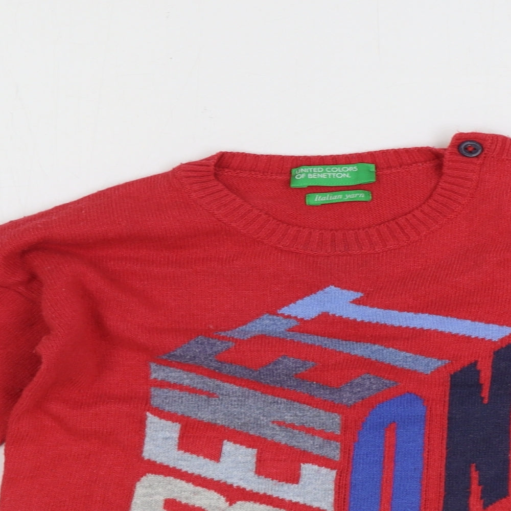 United Colors of Benetton Benneton Boys Red Cotton Pullover Jumper Size 12-18 Months Button