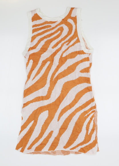 Preworn Womens Orange Animal Print Viscose Tank Dress Size M Boat Neck Pullover - Zebra Print