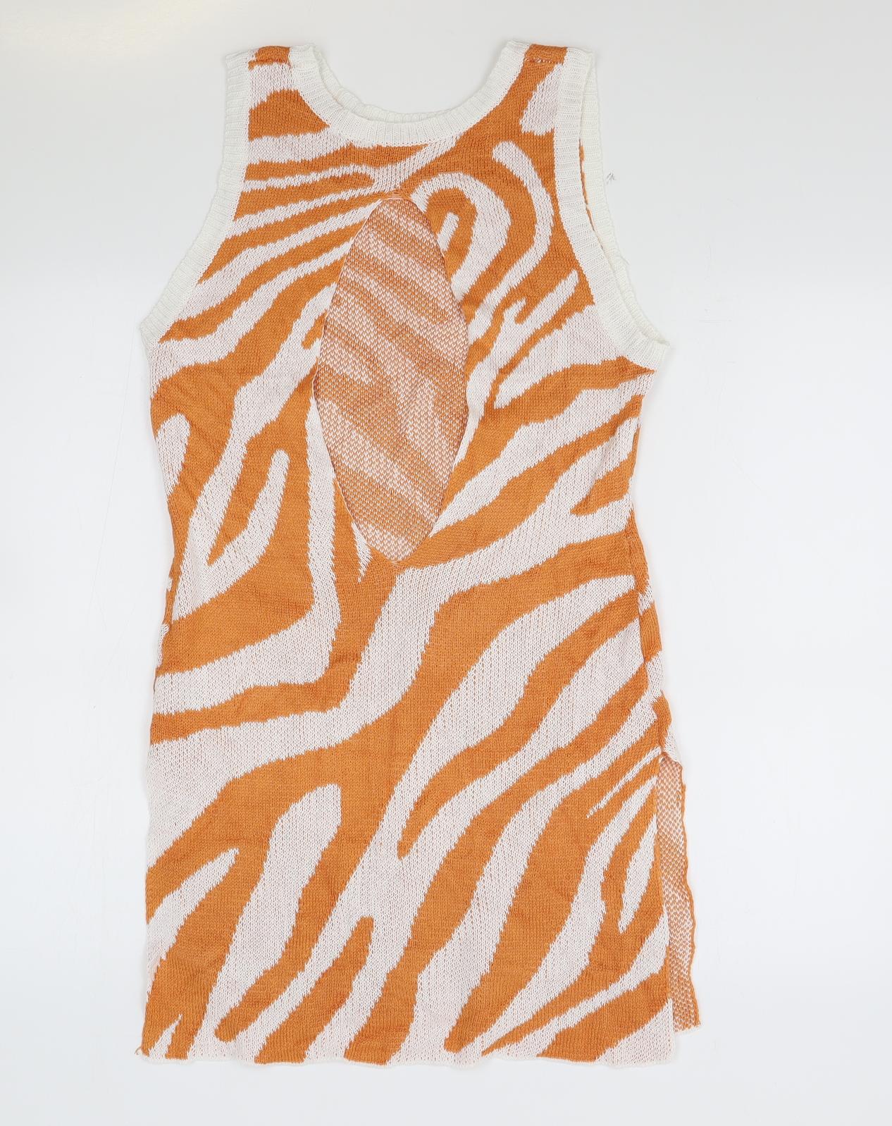 Preworn Womens Orange Animal Print Viscose Tank Dress Size M Boat Neck Pullover - Zebra Print
