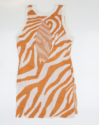 Preworn Womens Orange Animal Print Viscose Tank Dress Size M Boat Neck Pullover - Zebra Print