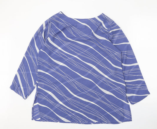 Peacocks Womens Blue Geometric Polyester Basic Blouse Size 12 Boat Neck
