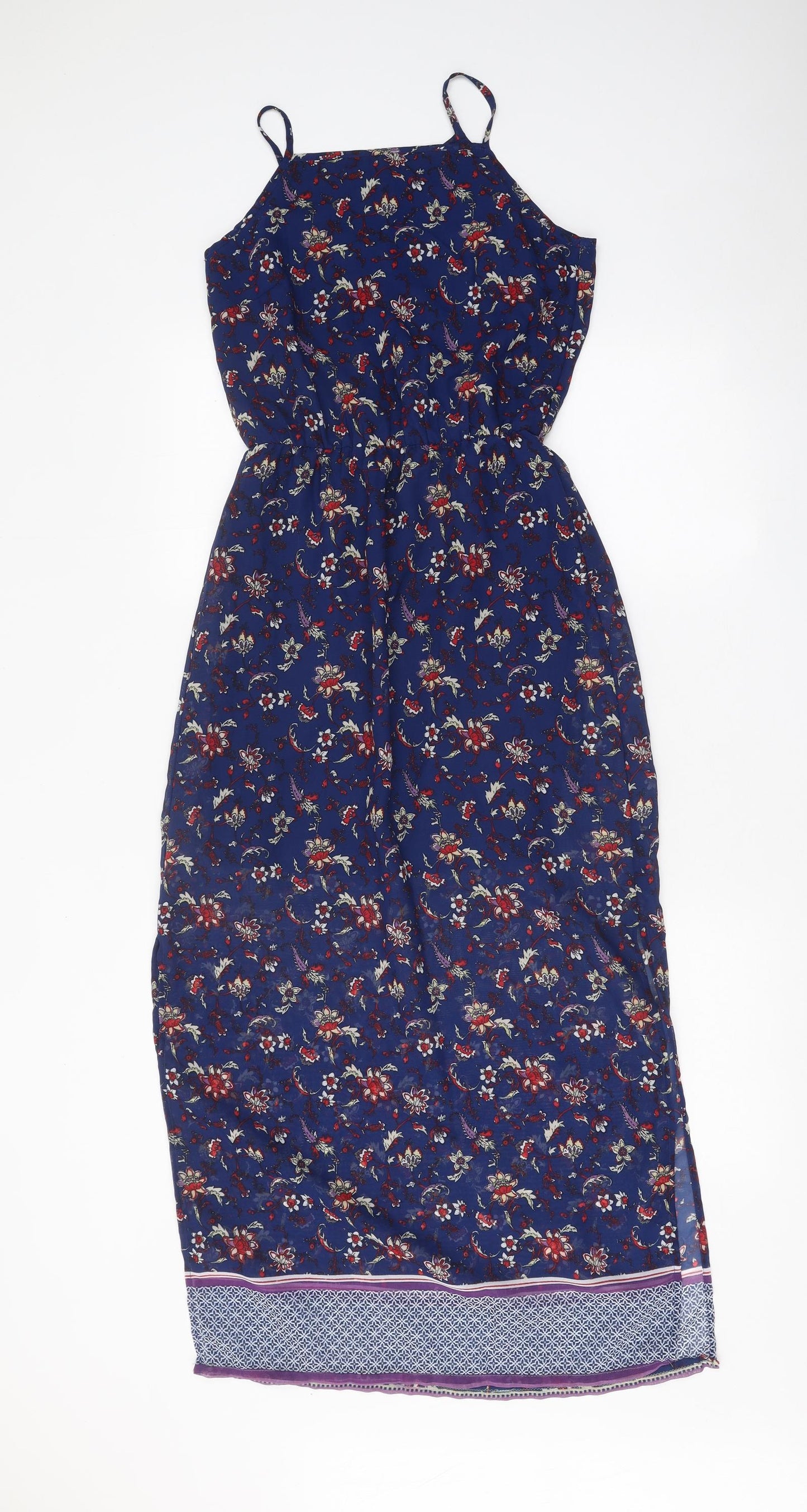 Divided Womens Blue Floral Polyester Slip Dress Size 4 Square Neck Button