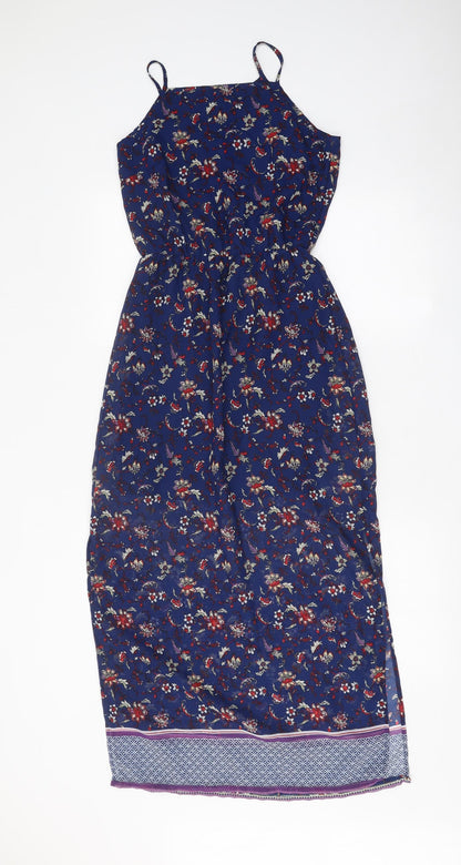 Divided Womens Blue Floral Polyester Slip Dress Size 4 Square Neck Button