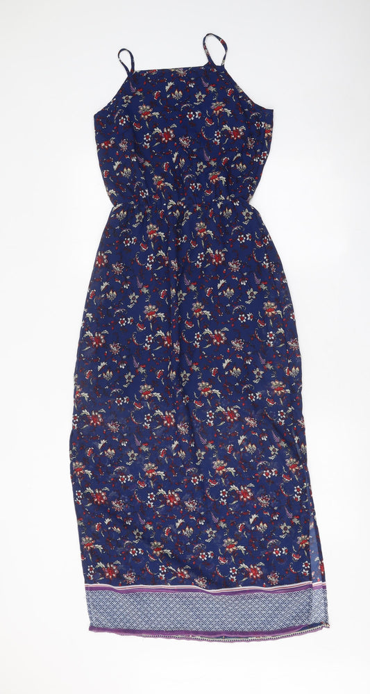 Divided Womens Blue Floral Polyester Slip Dress Size 4 Square Neck Button