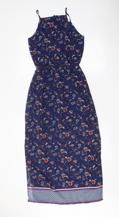 Divided Womens Blue Floral Polyester Slip Dress Size 4 Square Neck Button