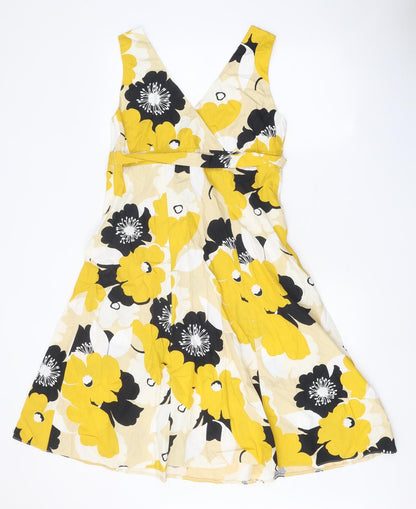 Preworn Womens Yellow Floral Polyester Skater Dress One Size V-Neck Zip