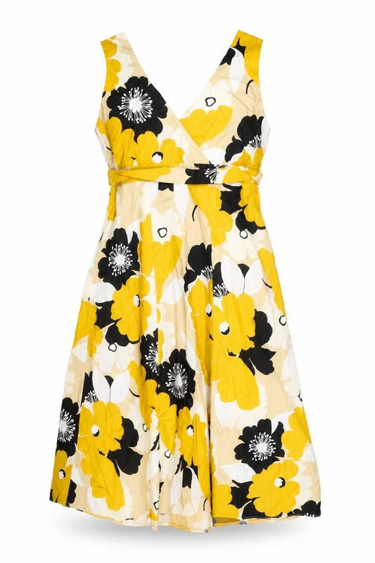 Preworn Womens Yellow Floral Polyester Skater Dress One Size V-Neck Zip