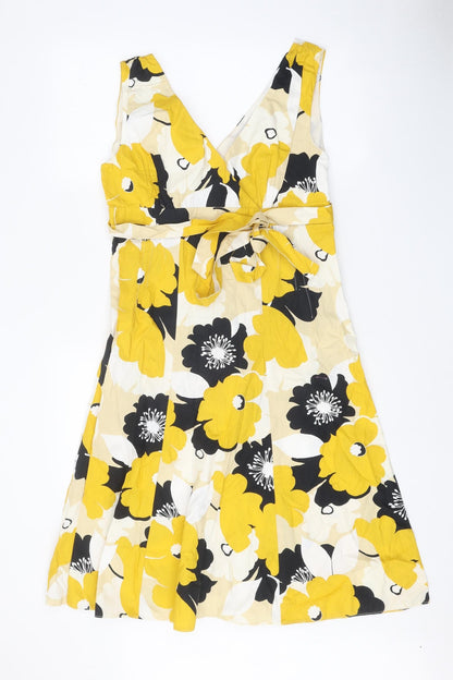 Preworn Womens Yellow Floral Polyester Skater Dress One Size V-Neck Zip