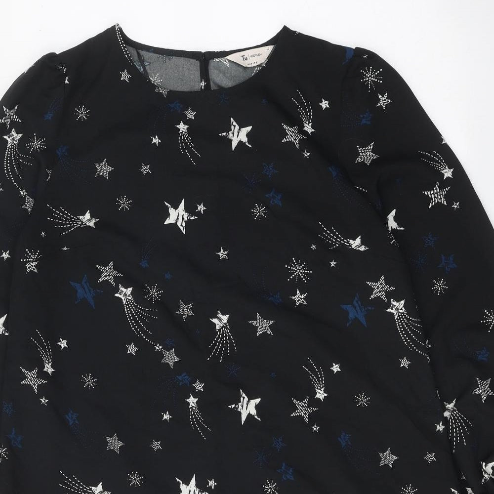 TU Womens Black Geometric Polyester Trapeze & Swing Size 10 Round Neck Button - Star Pattern