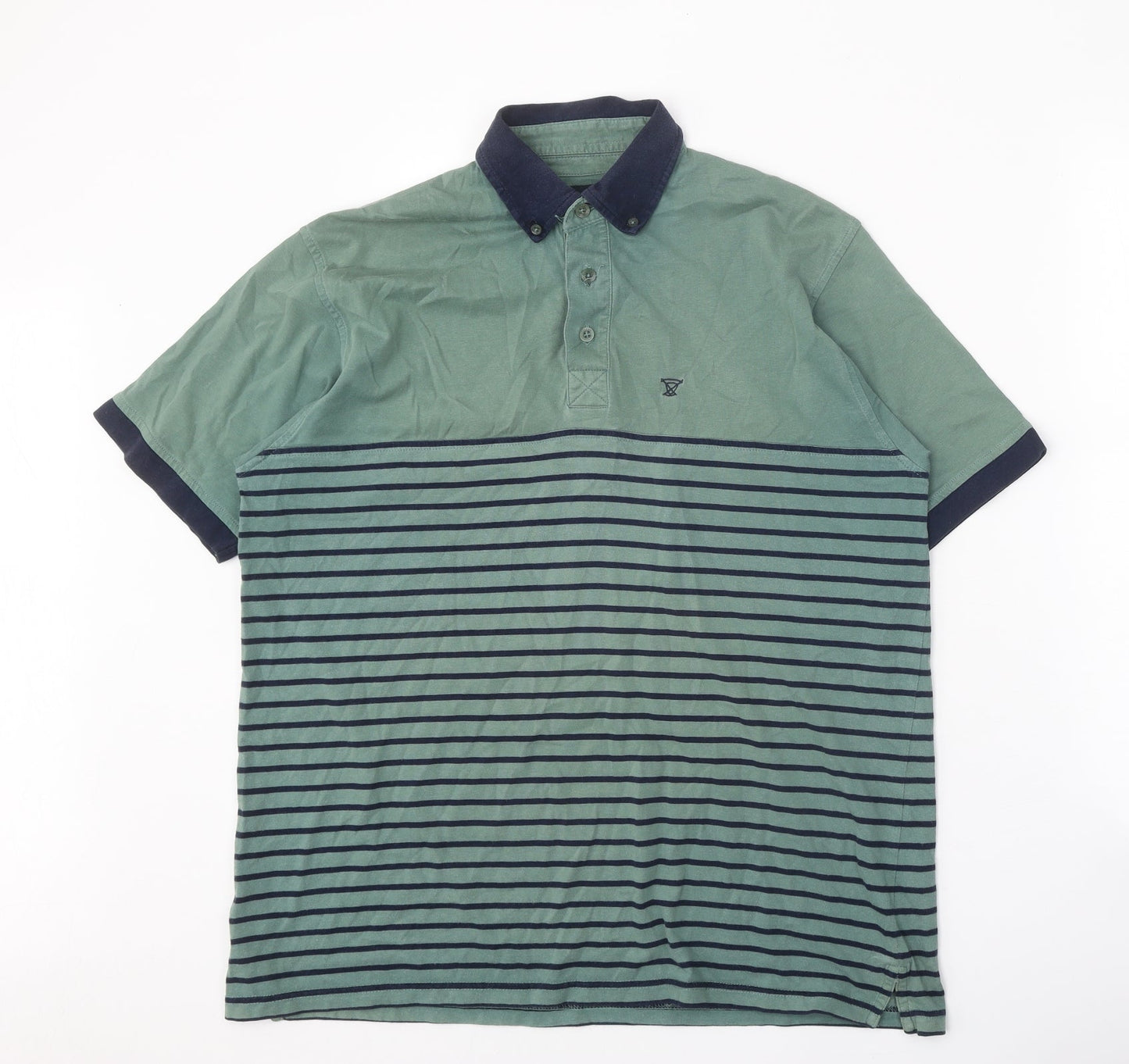 EWM Mens Green Striped 100% Cotton Polo Size M Collared Button