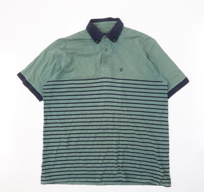 EWM Mens Green Striped 100% Cotton Polo Size M Collared Button