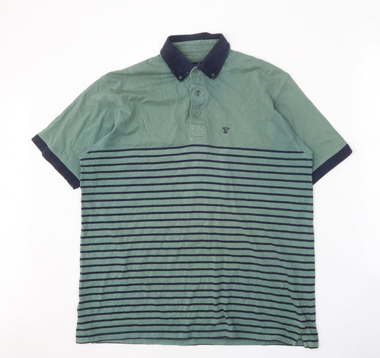 EWM Mens Green Striped 100% Cotton Polo Size M Collared Button