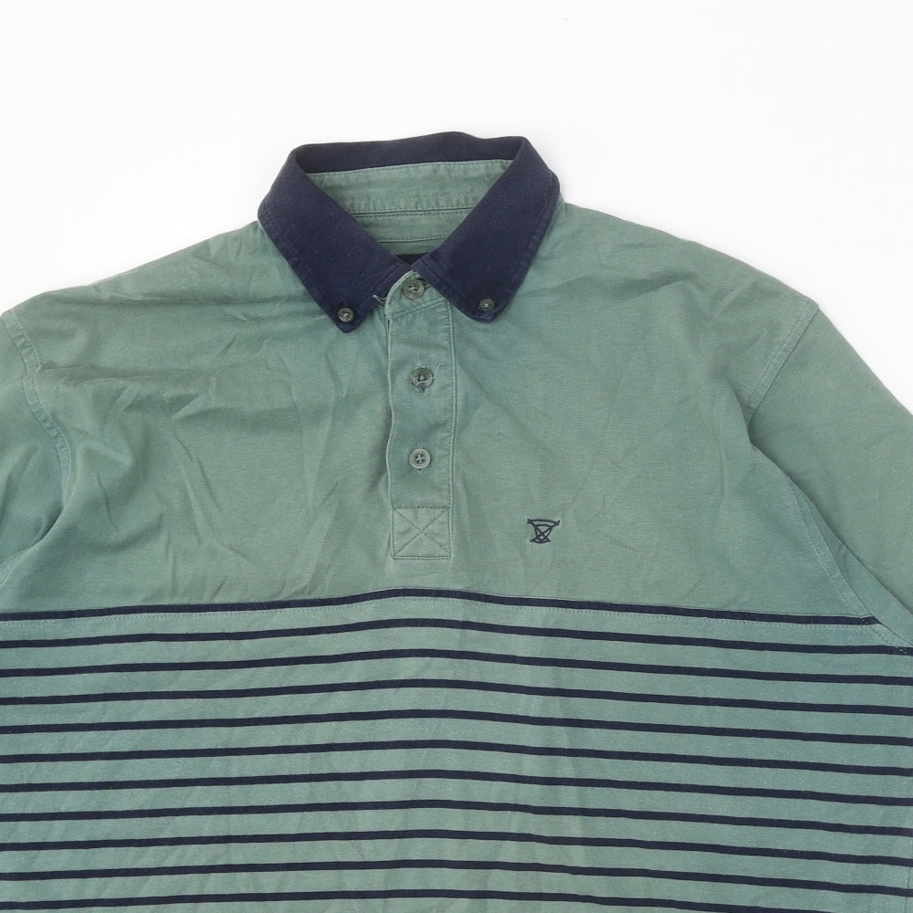 EWM Mens Green Striped 100% Cotton Polo Size M Collared Button