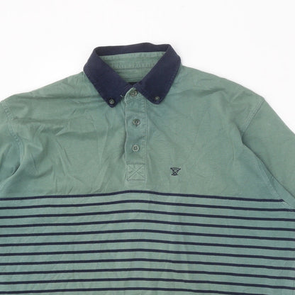 EWM Mens Green Striped 100% Cotton Polo Size M Collared Button