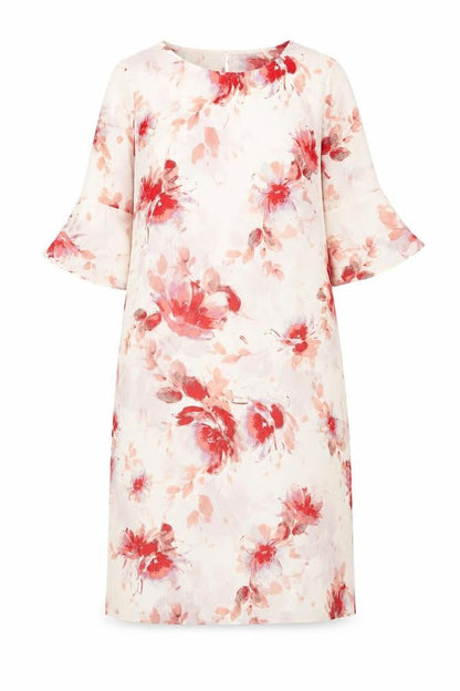 Damart Womens White Floral Polyester Sheath Size 14 Boat Neck Button - Flared Sleeves