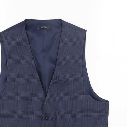 Marks and Spencer Mens Blue Plaid Polyester Jacket Suit Waistcoat Size 38 Regular