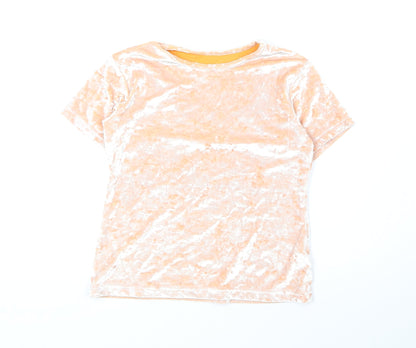 Marks and Spencer Girls Orange Polyester Basic T-Shirt Size 9-10 Years Round Neck Pullover