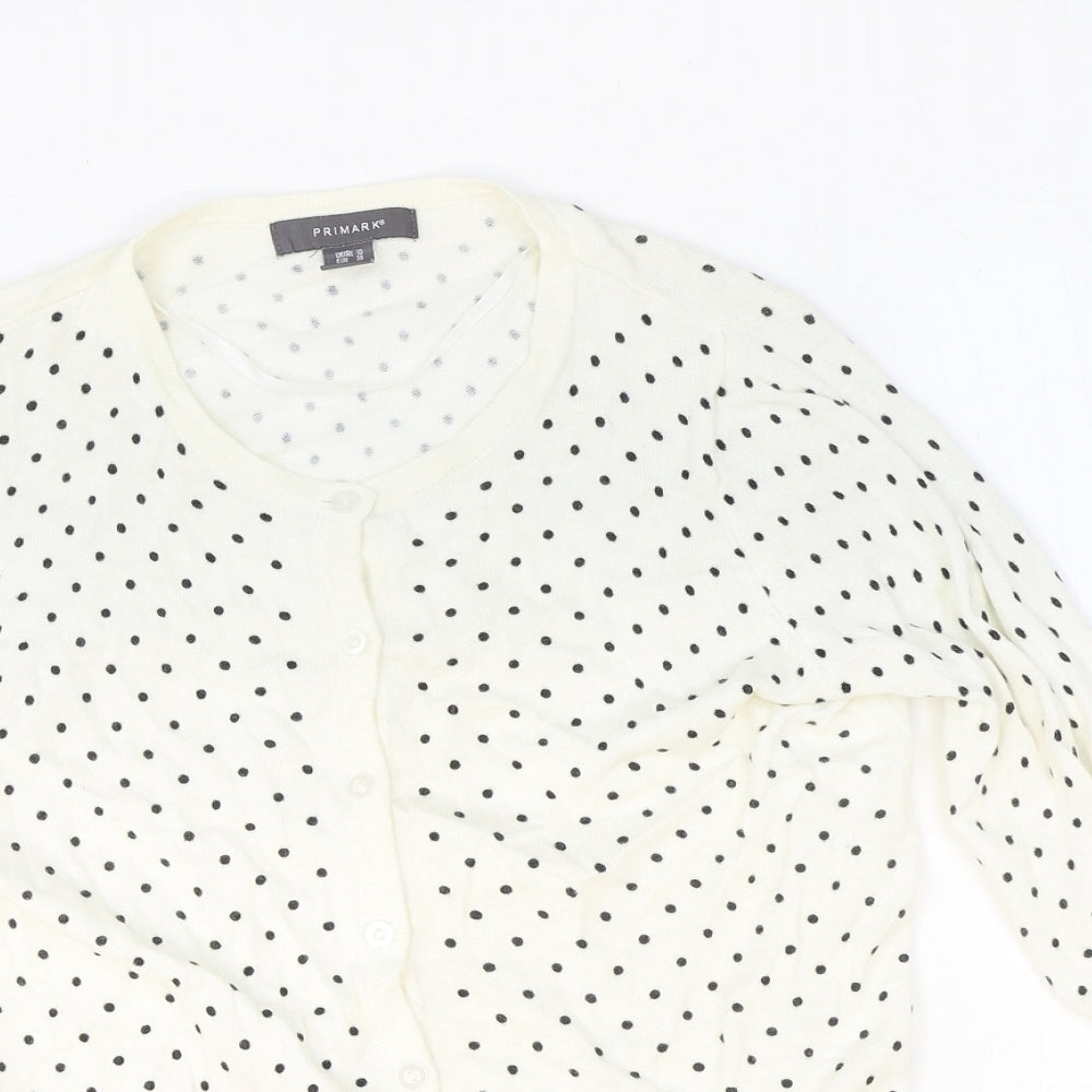 Primark Womens Ivory Scoop Neck Polka Dot 100% Cotton Cardigan Jumper Size 10