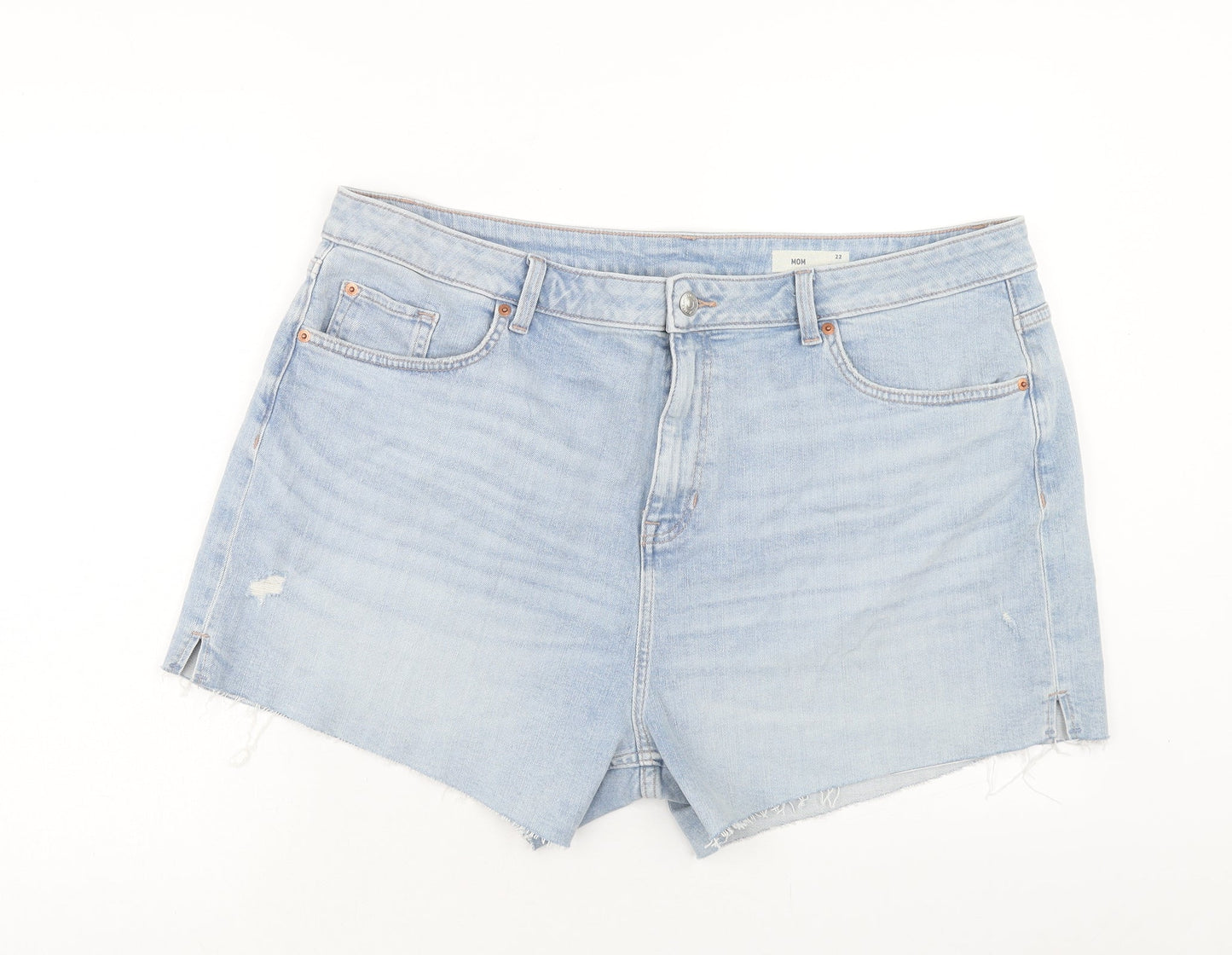 Marks and Spencer Womens Blue Herringbone Cotton Cut-Off Shorts Size 22 Regular Zip