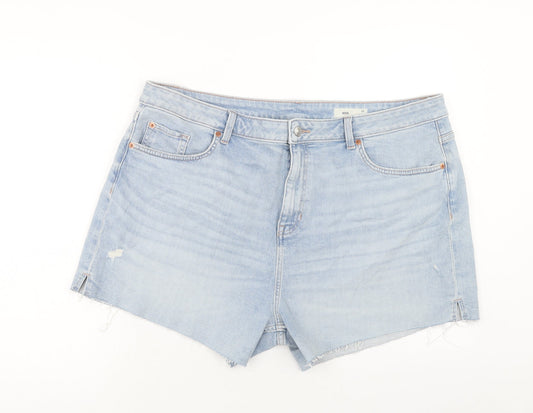 Marks and Spencer Womens Blue Herringbone Cotton Cut-Off Shorts Size 22 Regular Zip