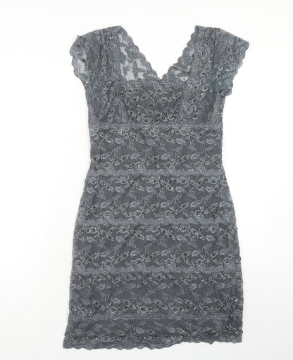 Onyx Nite Womens Grey Herringbone Polyester Pencil Dress Size 12 V-Neck Pullover