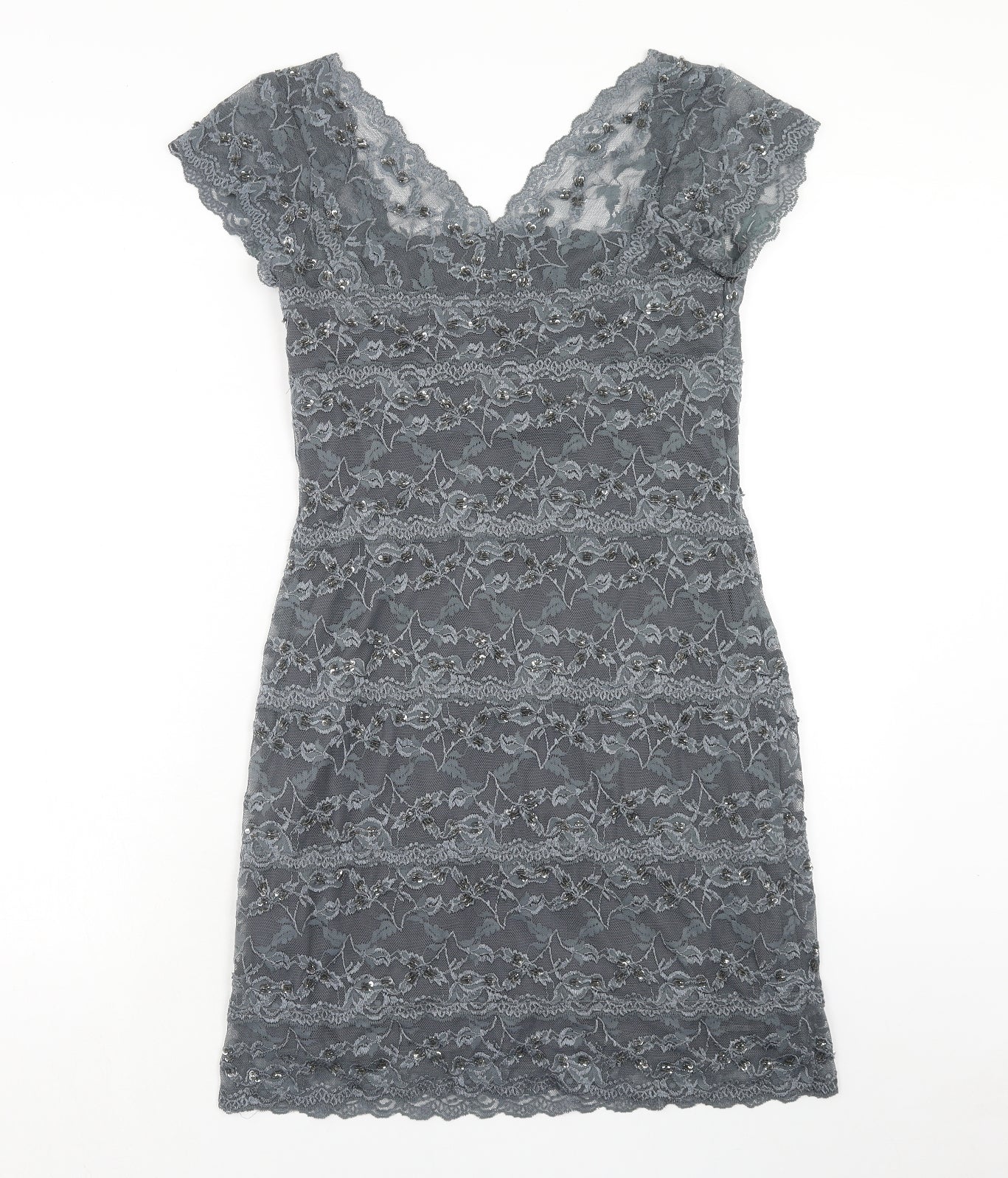 Onyx Nite Womens Grey Herringbone Polyester Pencil Dress Size 12 V-Neck Pullover