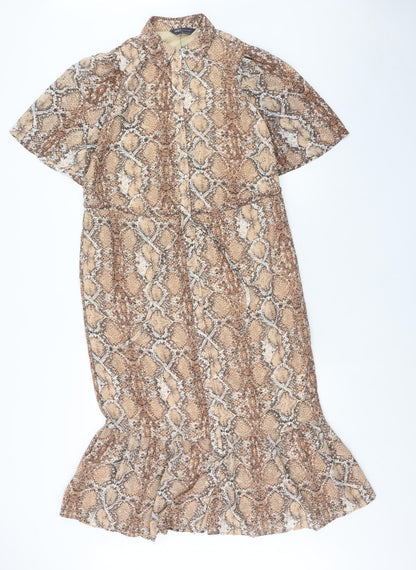 Marks and Spencer Womens Brown Animal Print Polyester Shirt Dress Size 8 Collared Button - Snake Skin Print