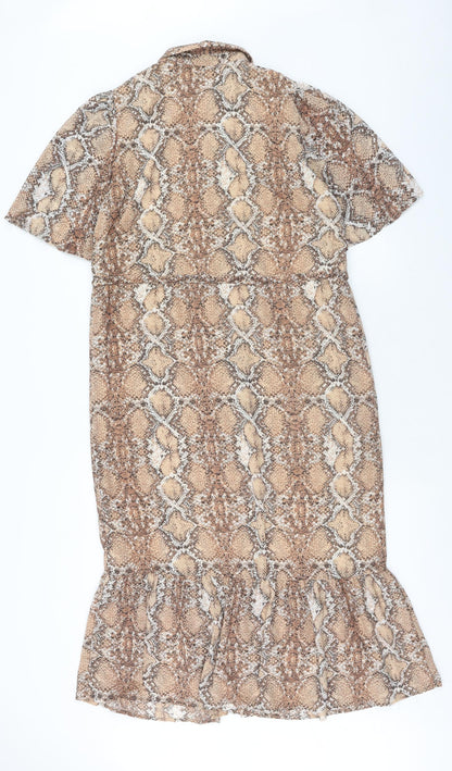 Marks and Spencer Womens Brown Animal Print Polyester Shirt Dress Size 8 Collared Button - Snake Skin Print