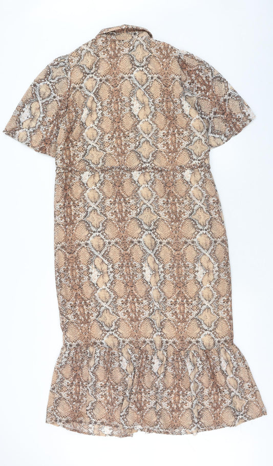 Marks and Spencer Womens Brown Animal Print Polyester Shirt Dress Size 8 Collared Button - Snake Skin Print