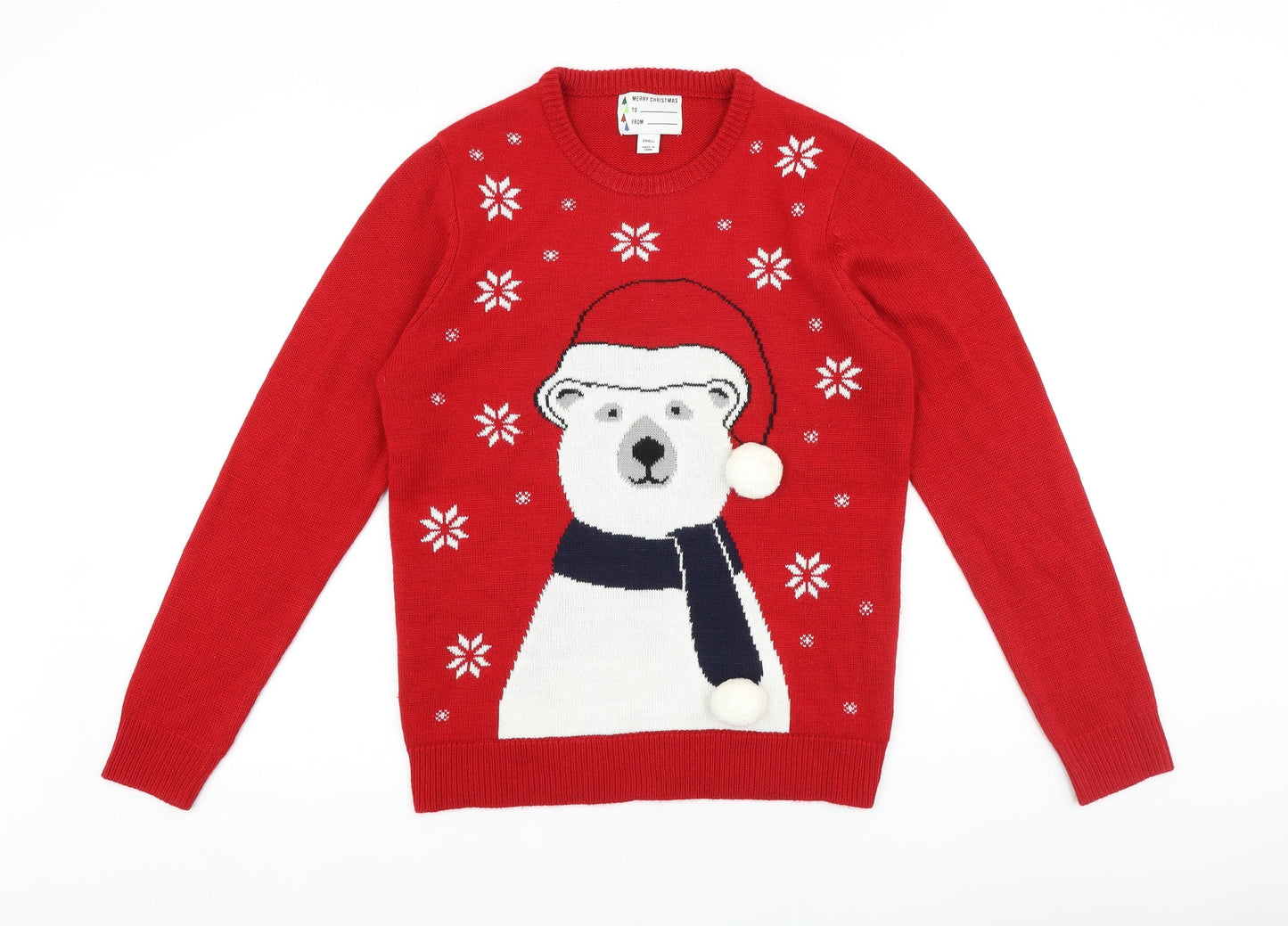 Preworn Mens Red Round Neck Acrylic Pullover Jumper Size S Long Sleeve - Christmas Polar Bear