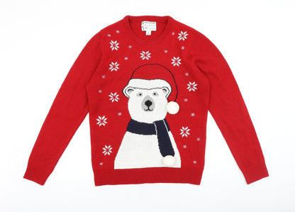 Preworn Mens Red Round Neck Acrylic Pullover Jumper Size S Long Sleeve - Christmas Polar Bear